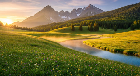 Majestic mountain landscape with river, field and sunriseの写真素材