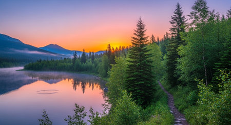 Serene sunrise over mountain lake with forest reflectionの写真素材