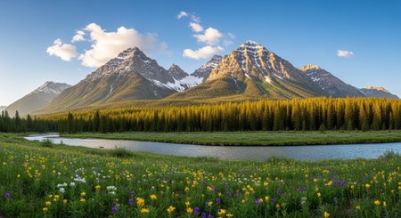 Scenic mountain landscape with river and colorful wildflowersの写真素材