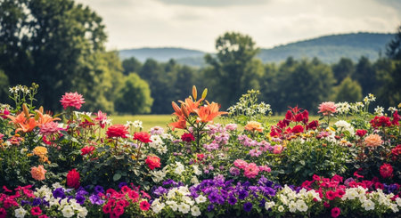 Vibrant flower bed with varied blossoms in full bloomの写真素材