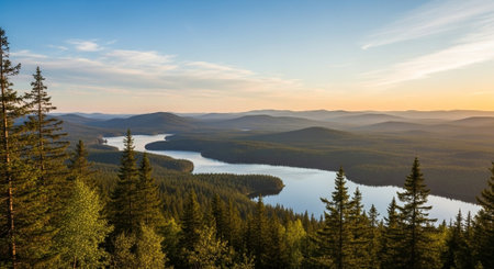 Scenic landscape of a lake and mountains at sunsetの写真素材