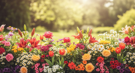 Vibrant flower bed with mixed colorful blooms in garden