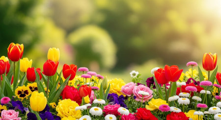 Abundant spring flowerbed with blurred background on sunny dayの写真素材