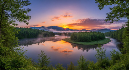 Sunrise over river and mountain landscape nature scenic beautyの写真素材