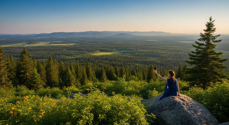 Woman taking selfie overlooking vast forest landscape at sunsetの写真素材