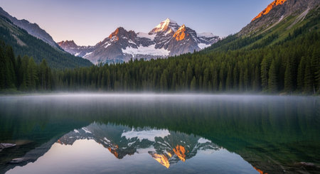 Reflections of snow capped mountains on a calm lake