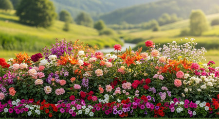 Vibrant flower bed on a hillside, summer landscapeの写真素材