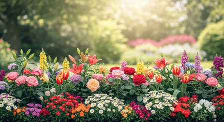 Vibrant flower bed with blurred garden landscape backdropの写真素材