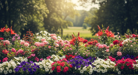 Vibrant flower bed with colorful blooms in a gardenの写真素材