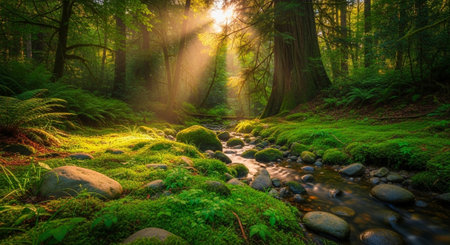 Sunlit forest stream with mossy rocks and lush greeneryの写真素材