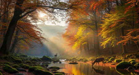 Serene autumn landscape with deer by river in forestの写真素材
