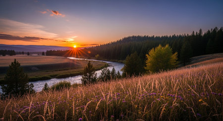 Scenic River Landscape at Sunrise Through Meadow of Wildflowersの写真素材
