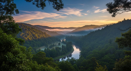 Scenic River Valley at Dawn with Mist and Forestの写真素材