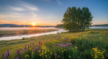 Picturesque sunrise over a river valley with wildflowersの写真素材