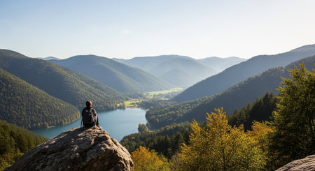 Hiker overlooking valley of mountains and a lake