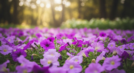 Field of purple petunias in bloom on a summer dayの写真素材