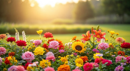 Colorful Flowerbed at Sunset with Sunflower, Lilies, Roses