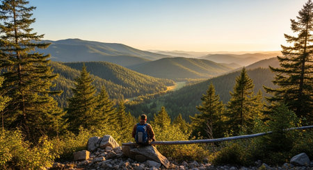 Man with backpack overlooking mountain range at golden hour