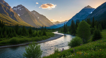 Mountain river flows through a green forest valleyの写真素材
