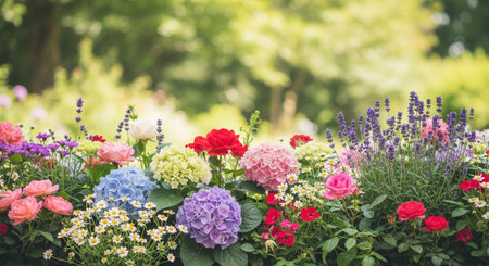 Vibrant array of colorful flowers blooming in summer gardenの写真素材