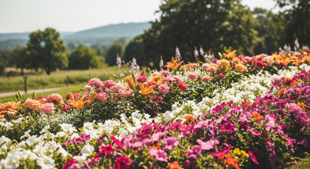 Vibrant flower garden blooms in a scenic landscape settingの写真素材