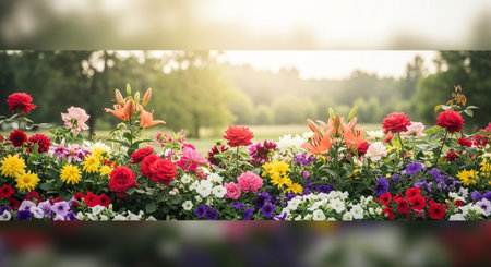 Vibrant flowerbed featuring roses lilies and other mixed flowers