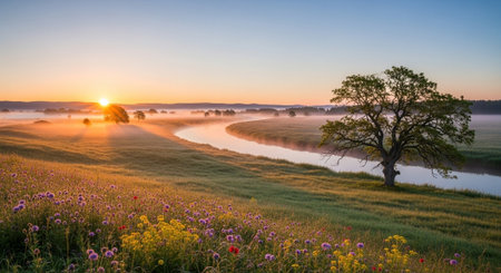 Idyllic sunrise over the river and flower meadowの写真素材