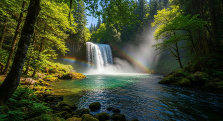 Waterfall with rainbow in lush green forest sceneryの写真素材