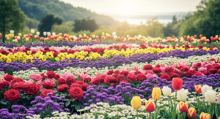 Colorful flower field with mountain backdrop on a bright dayの写真素材