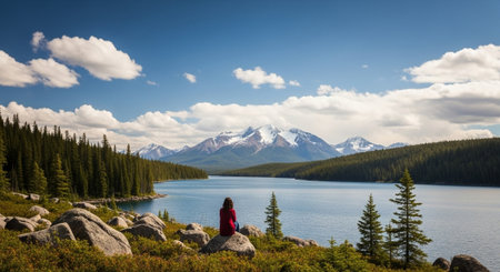 Woman contemplates serene mountain lake landscape in Jasper parkの写真素材
