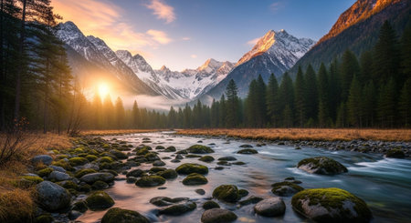 Mountain river flows through a forest at sunsetの写真素材