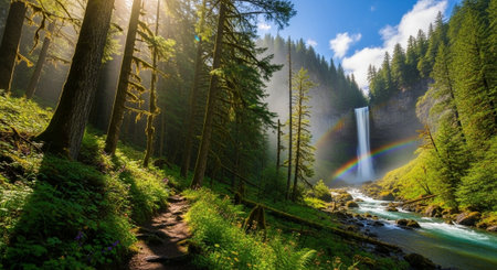 Forest path leading to a radiant waterfall rainbow sceneの写真素材