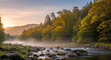 River flows through autumnal forest at golden hour scenic landscapeの写真素材