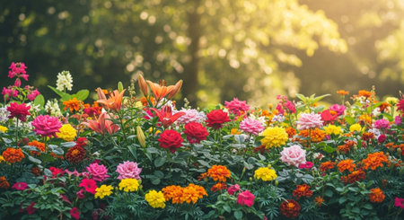 Vibrant flowerbed brimming with colorful blooms against a bokeh background