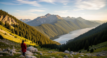 Woman admiring breathtaking mountain vista over lake at sunsetの写真素材