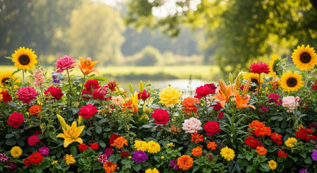 Lush garden filled with colorful blooms in vibrant sunlightの写真素材