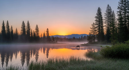 Elk drinking in a lake at sunrise with fogの写真素材