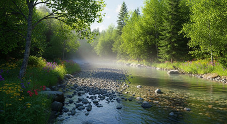 Peaceful river flows through a forest with colorful flowers
