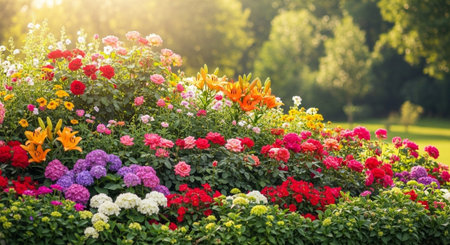 Vibrant garden display featuring mixed flowers and blurred backdrop