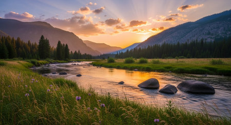 River flowing through a valley during sunset with mountain backdropの写真素材