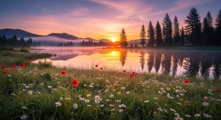 Serene sunrise over lake with wildflowers in foregroundの写真素材