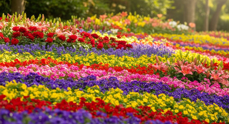 Blooming flower field with colorful rows under sunlightの写真素材