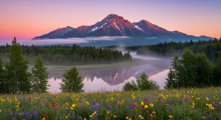 Serene Mountain Landscape with River and Wildflower Meadowの写真素材
