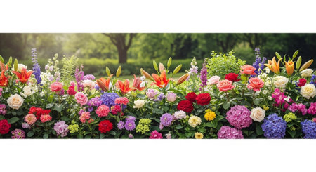 Colorful floral garden with roses, lilies, and hydrangeas