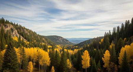 Vibrant autumn forest landscape with mountains and cloudy skyの写真素材