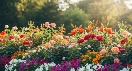 Lush flower garden with vibrant blooms in warm light