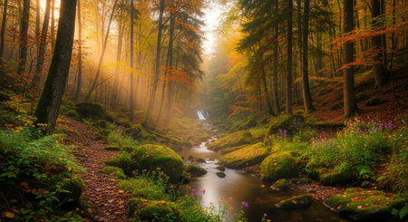 Autumn Forest Scene with Creek and Golden Sunlightの写真素材