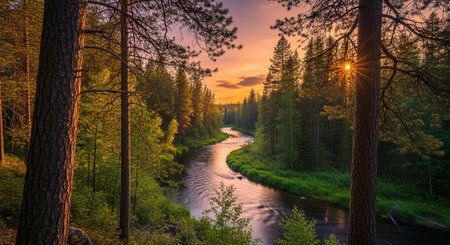 Sunset illuminates river winding through forest landscape sceneの写真素材