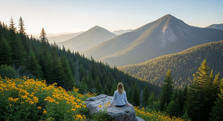 Woman sits on rock, mountain range and wildflower viewの写真素材