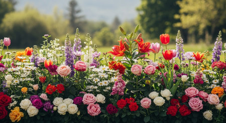 Colorful flower bed with diverse bloom types in garden